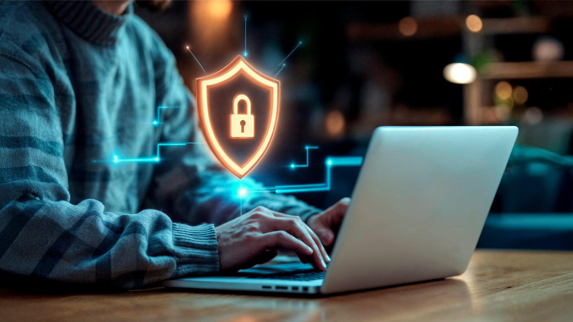 Conceito de ciberseguran&ccedil;a e prote&ccedil;&atilde;o de dados com escudo e laptop.